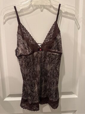 Lace-Trim Brown Animal-Print Chemise top with Adjustable Straps